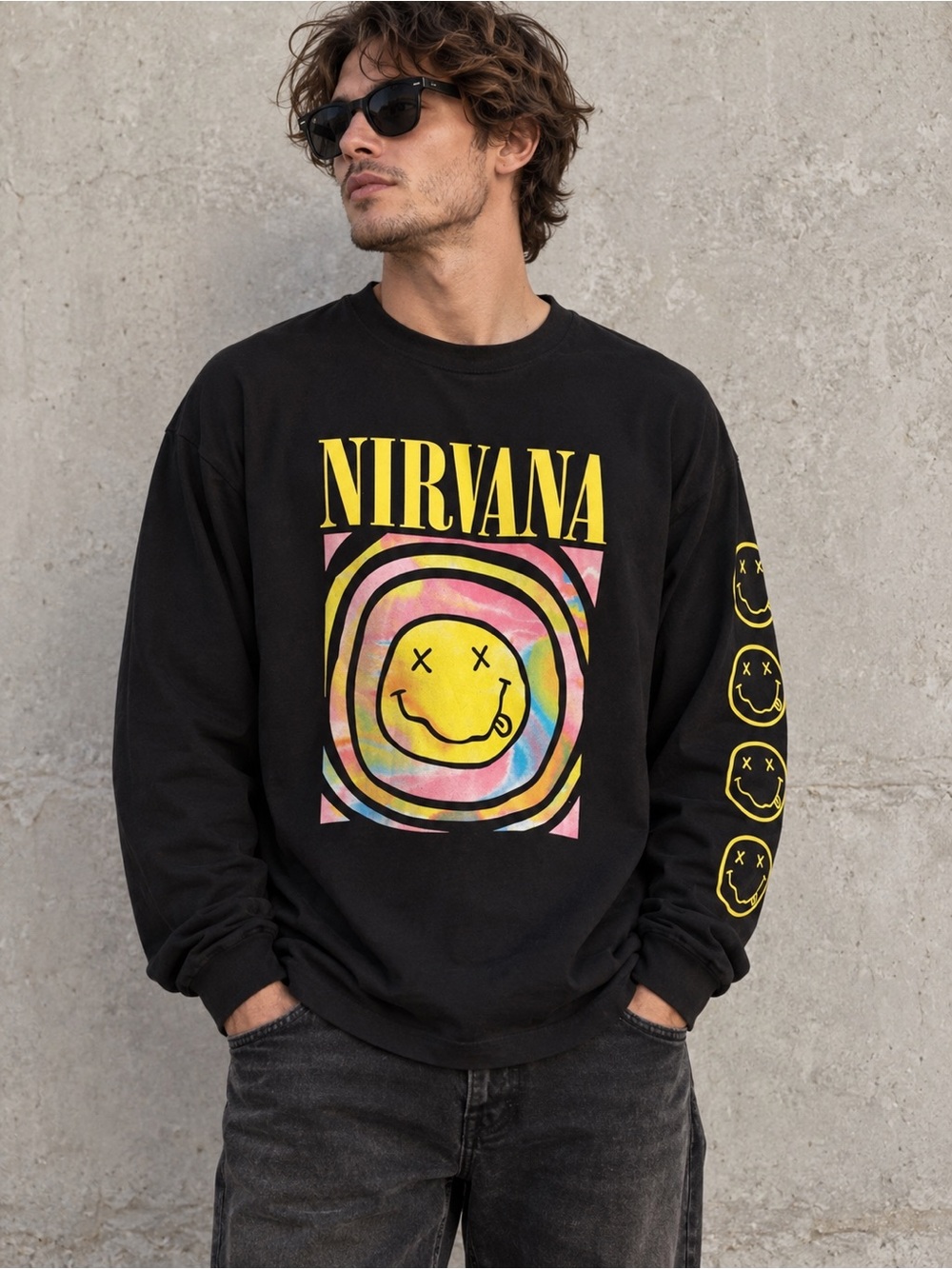 NIRVANA Black Crewneck with Yellow & Tie-Dye Smiley